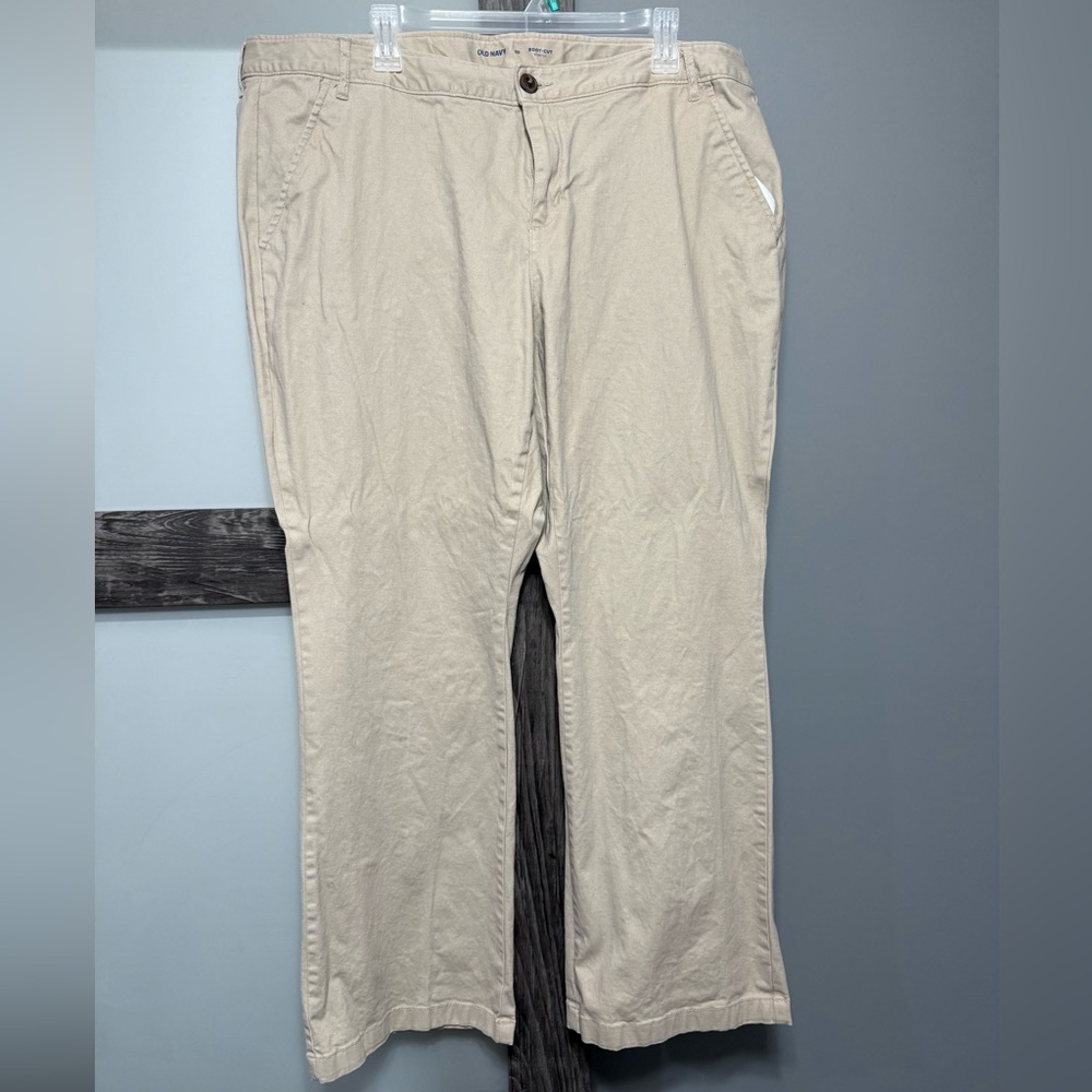 Women’s boot cut khaki pants.